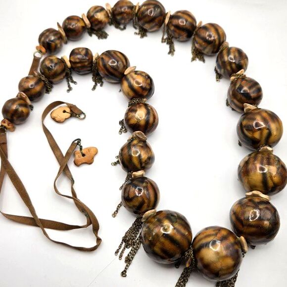 Vintage Decoupage Bead Necklace Chain Accents Ribbon Tie Tortoise Shell Pattern - Picture 1 of 4